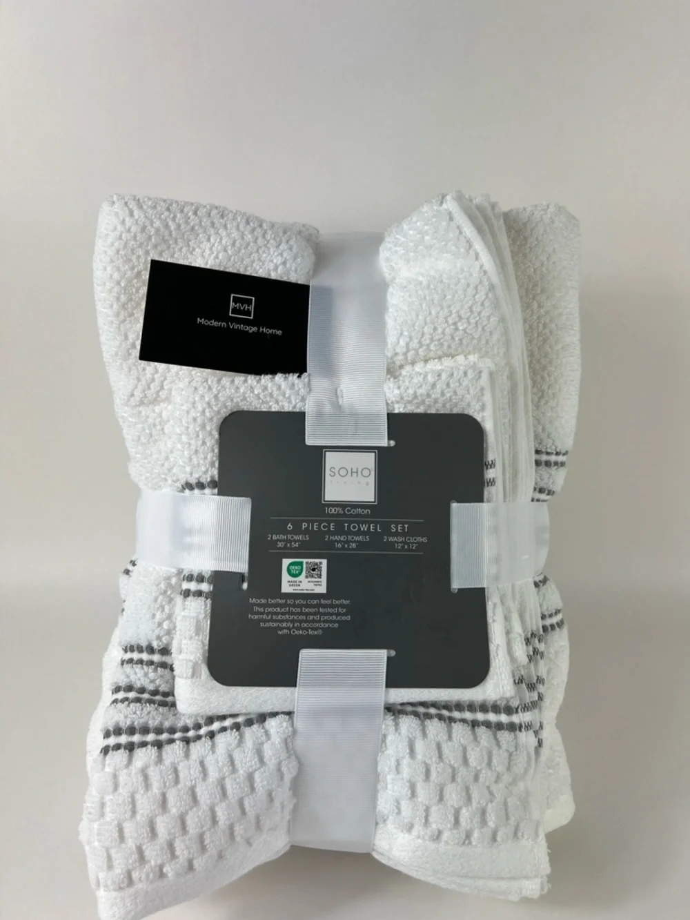 Soho Living Bath Towel Set White Gray 2 Bath 2 Hand 2 Washcloth Soft 6pc Set NEW